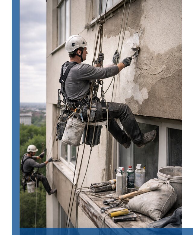 Косметический ремонт фасада зданий в Саранске промышленными альпинистами