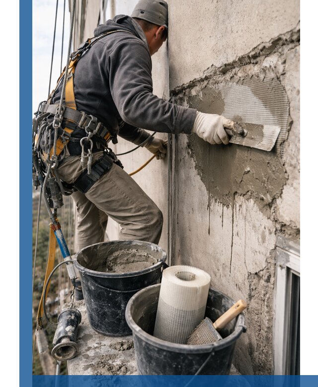 Ремонт бетонных элементов фасада промышленными альпинистами в Саранске