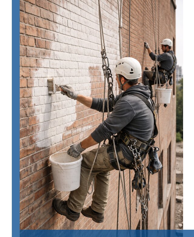 Покраска кирпичного фасада с доступным альпинистским сервисом в Саранске