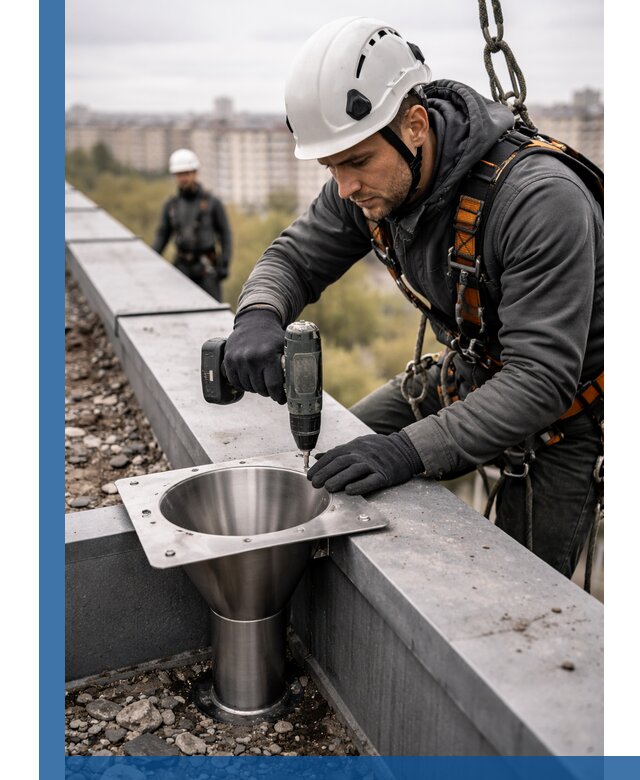 Монтаж водосточных воронок в Саранске для промышленных зданий