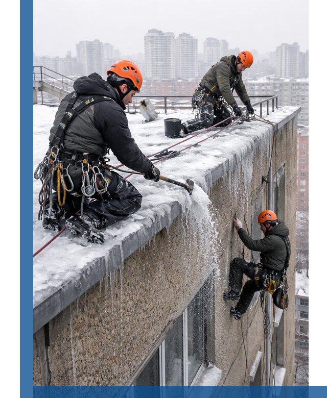 Удаление наледи с кровли в Саранске промышленными альпинистами