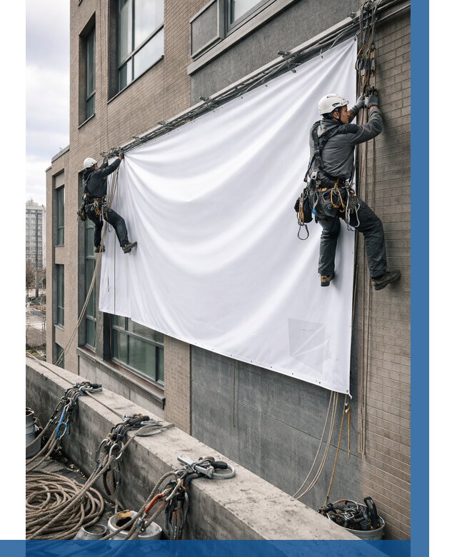 Монтаж баннеров на фасаде в Саранске от 685 р. заказать ВЫСОТНИК-Срн