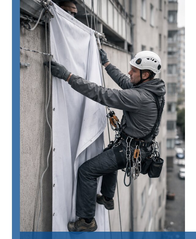 Замена баннерного полотна промышленными альпинистами в Саранске
