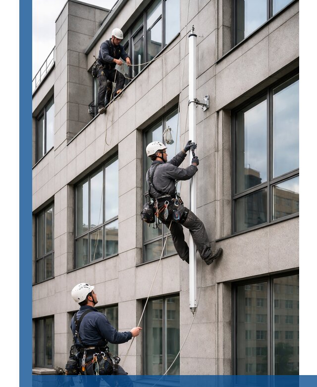 Монтаж флагштока на фасаде здания с креплением и герметикой в Саранске