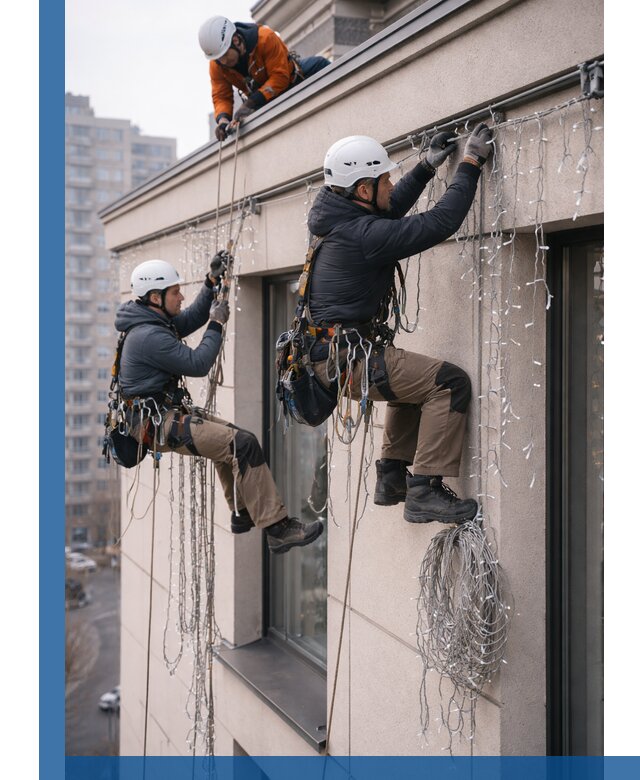 Монтаж праздничных гирлянд на фасаде в Саранске для зданий