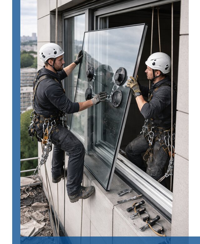 Замена стеклопакетов на высоте с промышленными альпинистами в Саранске