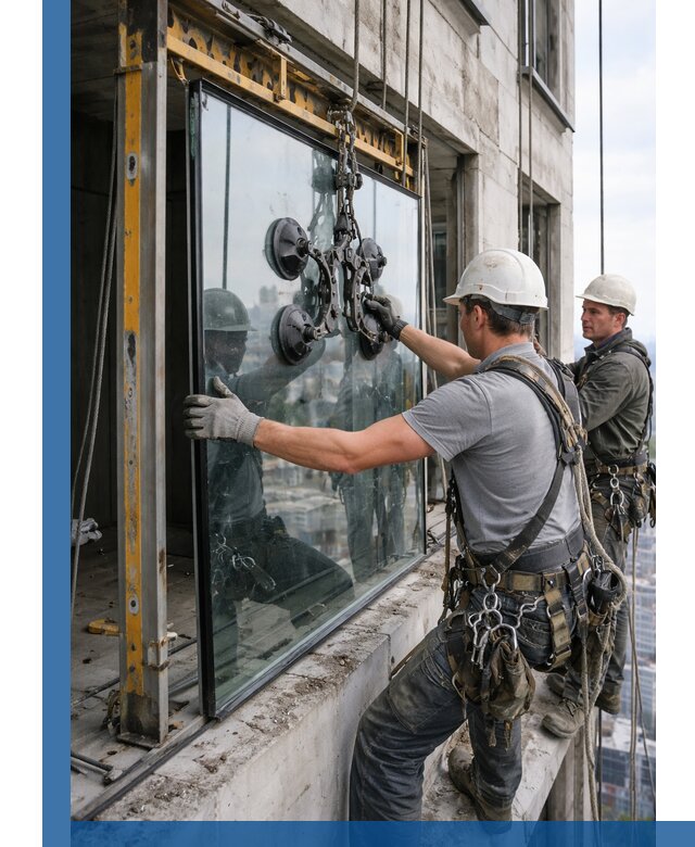 Монтаж стеклопакетов на высоте в Саранске с промышленным альпинизмом