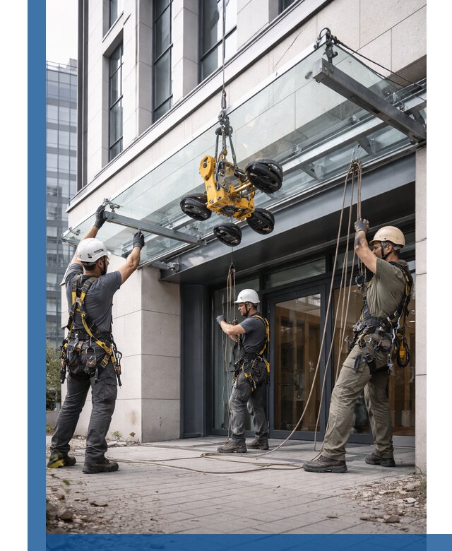 Монтаж стеклянных козырьков под ключ в Саранске для зданий