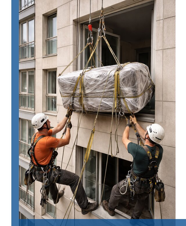 Подъем грузов через окно в Саранске промышленными альпинистами