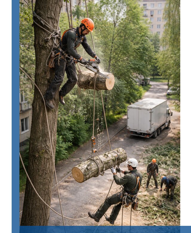 Спил деревьев альпинистами в Саранске, безопасно и без повреждений